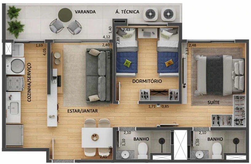 Planta do apartamento de 2 quartos no Parque das Torres