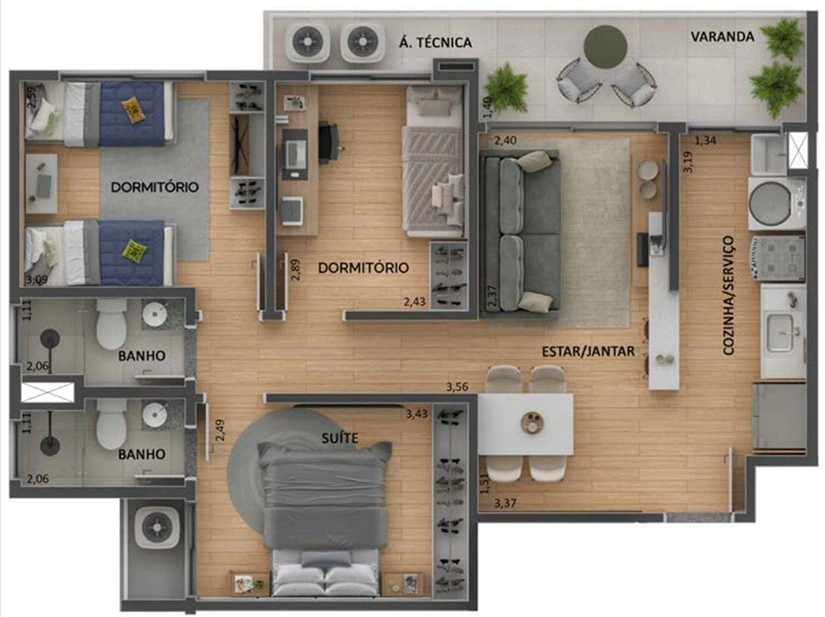 Planta do apartamento de 3 quartos no Parque das Torres